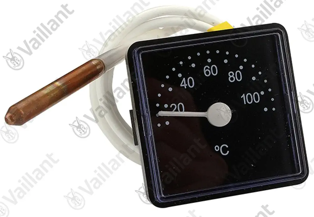 Vaillant Thermometer mit einem schwarzen Ziffernblatt, einer Skala von 0 bis 100°C und einer Kupfersonde. Zeiger zeigt auf einen Wert unter 20°C.